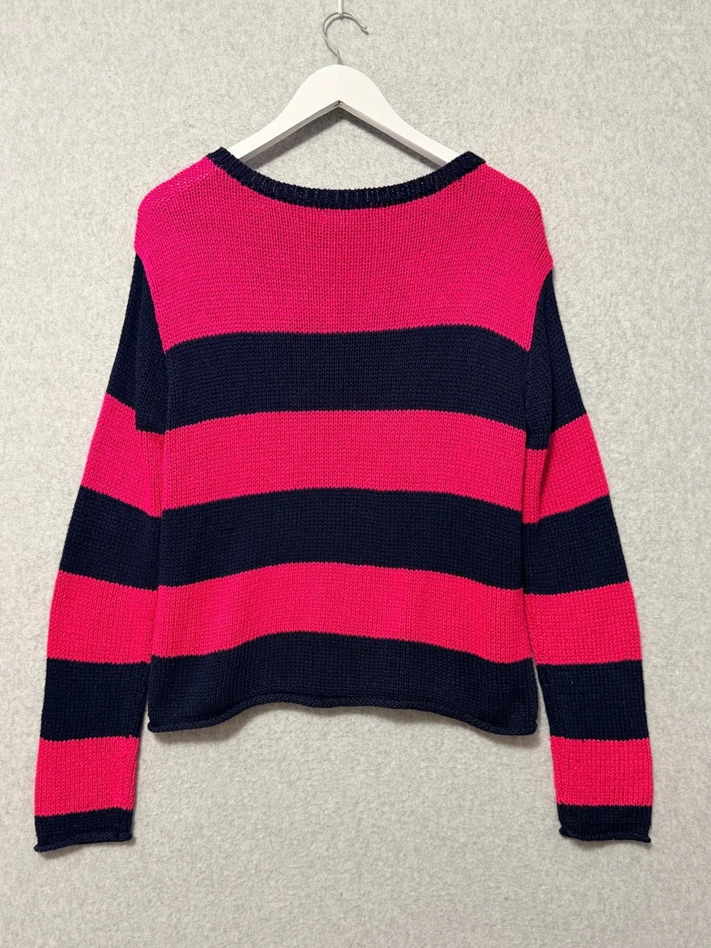 Lauren Ralph Lauren Bold Stripe Sweater Size XL Pink Navy Button Shoulder Preppy